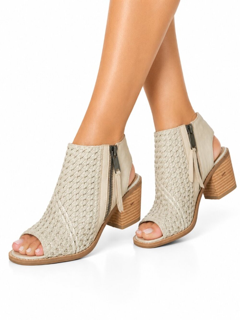 SAM EDELMAN Cooper Woven Leather Sandals Shooties Peep Toe Heels Cream Women's 8 - Picture 2 of 14